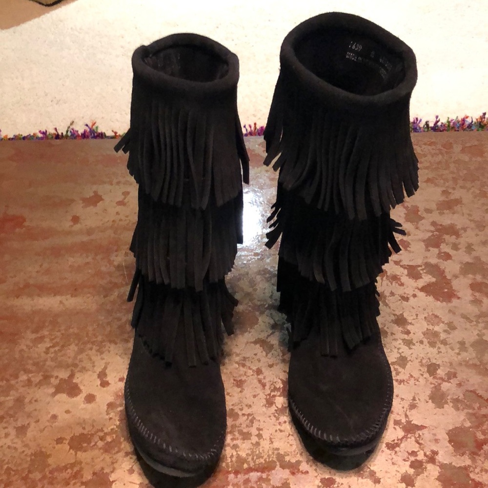 Black Minnetonka 3 Layer Fringe Boots - image 1